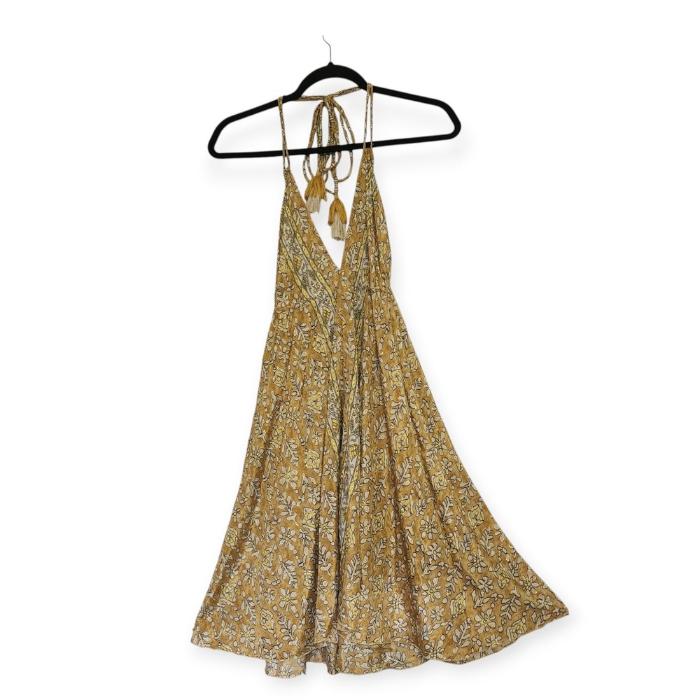 Short Yellow Gold Floral Halter Sun Dress Boho Tassel One Size